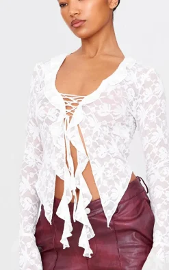 Lace Tie Front Ruffle Blouse-PrettyLittleThing Hot