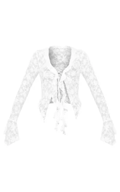 Lace Tie Front Ruffle Blouse-PrettyLittleThing Hot