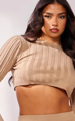 Discount PrettyLittleThing Wide Rib Knit Long Sleeve Top Latte