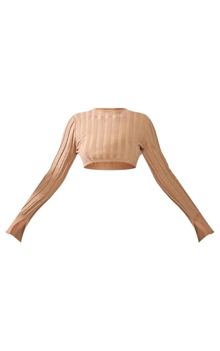 Discount PrettyLittleThing Wide Rib Knit Long Sleeve Top Latte