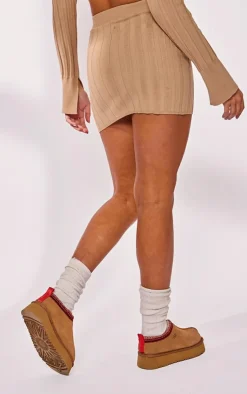 Hot PrettyLittleThing Wide Rib Knit Mini Skirt Latte