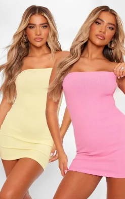 & Bright Pink 2 Pack Rib Bandeau Bodycon Dress-PrettyLittleThing Outlet