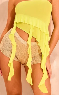 Lemon Asymmetric Ruffle Drape Mesh Top