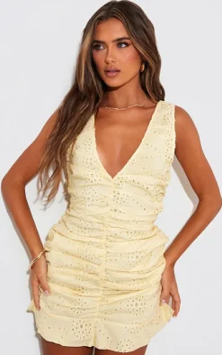 Broderie Plunge Ruched Frill Hem Bodycon Dress-PrettyLittleThing Discount