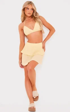 New PrettyLittleThing Crinkle Texture Tiered Mini Skirt Lemon