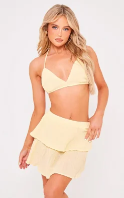 New PrettyLittleThing Crinkle Texture Tiered Mini Skirt Lemon