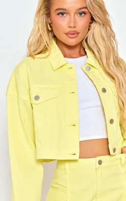 Online PrettyLittleThing Lemon Cropped Denim Jacket Yellow