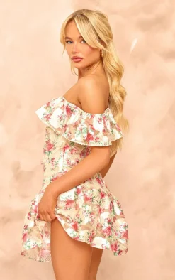 Floral Bardot Frill Bodycon Dress-PrettyLittleThing Sale