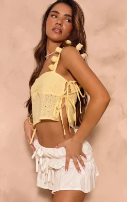 Lemon Floral Strap Broderie Bow Side Crop Top