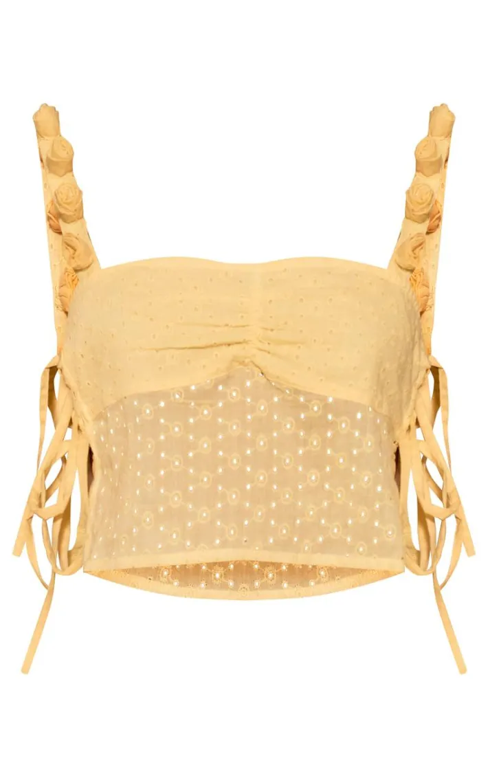 Lemon Floral Strap Broderie Bow Side Crop Top