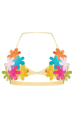 PrettyLittleThing Bralets*Flower Embroidered Triangle Knit Top