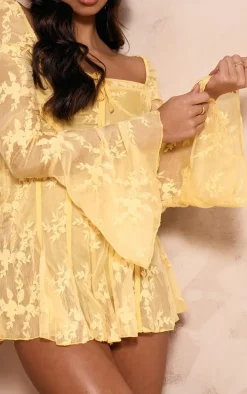 Lemon Lace Binding Detail Flare Sleeve Romper
