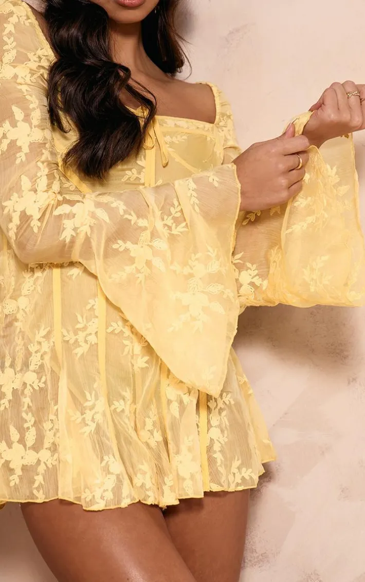 Lemon Lace Binding Detail Flare Sleeve Romper