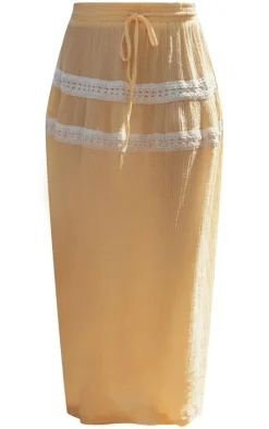 Lemon Lace Trim Cheesecloth Drawstring Waist Maxi Skirt