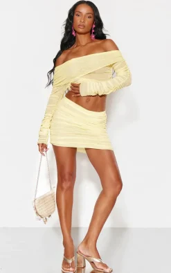 Online PrettyLittleThing Mesh Ruched Bardot Long Sleeve Top Lemon