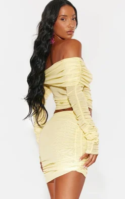 Online PrettyLittleThing Mesh Ruched Bardot Long Sleeve Top Lemon