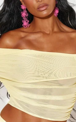 Online PrettyLittleThing Mesh Ruched Bardot Long Sleeve Top Lemon