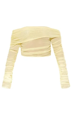 Online PrettyLittleThing Mesh Ruched Bardot Long Sleeve Top Lemon