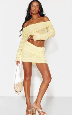 Discount PrettyLittleThing Mesh Ruched Micro Mini Skirt Lemon