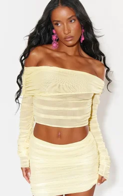 Discount PrettyLittleThing Mesh Ruched Micro Mini Skirt Lemon