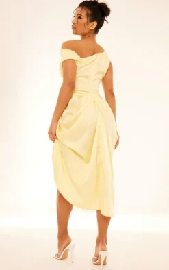 Satin Off The Shoulder Draped Skirt Midi Dress-PrettyLittleThing Online