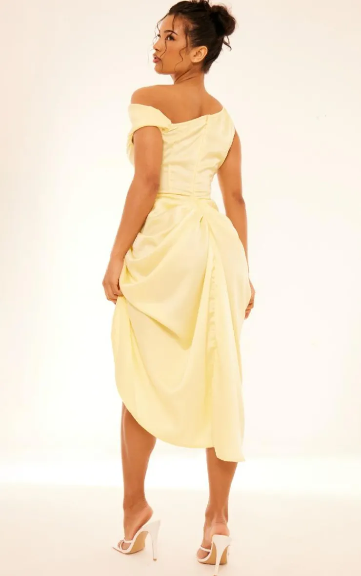 Satin Off The Shoulder Draped Skirt Midi Dress-PrettyLittleThing Online