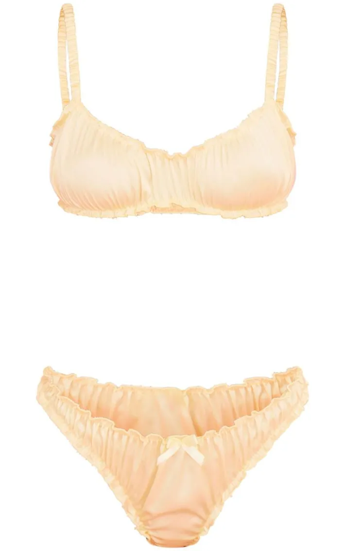 Lemon Satin Ruched Frill Lingerie Set