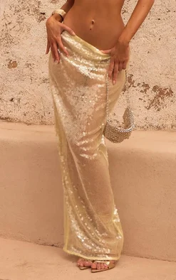 Online PrettyLittleThing Sheer Sequin High Waist Maxi Skirt Lemon