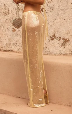 Online PrettyLittleThing Sheer Sequin High Waist Maxi Skirt Lemon