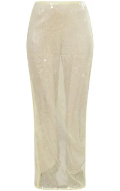 Online PrettyLittleThing Sheer Sequin High Waist Maxi Skirt Lemon