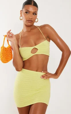 Discount PrettyLittleThing Textured Knit Key Hole Top Lemon