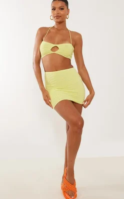 Clearance PrettyLittleThing Textured Knit Side Tie Mini Skirt Lemon