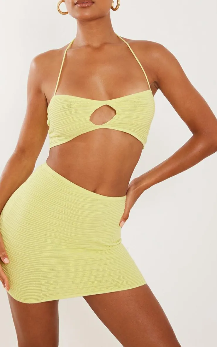 Clearance PrettyLittleThing Textured Knit Side Tie Mini Skirt Lemon