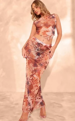 PrettyLittleThing Floral Mesh Maxi Skirt Leopard