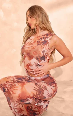 Online PrettyLittleThing Floral Print Mesh Asymmetric Top Leopard