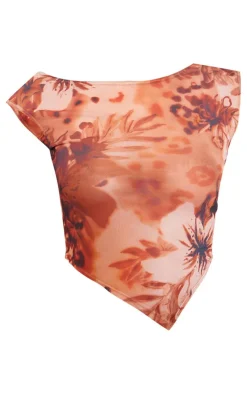 Online PrettyLittleThing Floral Print Mesh Asymmetric Top Leopard