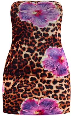 Floral Print Mesh Bandeau Lined Bodycon Dress-PrettyLittleThing New