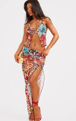 Online PrettyLittleThing Floral Print Mesh Ruffle Maxi Skirt Leopard