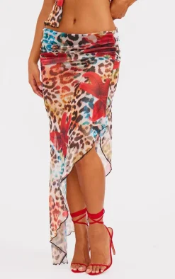 Online PrettyLittleThing Floral Print Mesh Ruffle Maxi Skirt Leopard