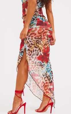 Online PrettyLittleThing Floral Print Mesh Ruffle Maxi Skirt Leopard