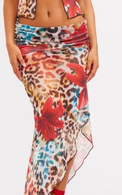 Online PrettyLittleThing Floral Print Mesh Ruffle Maxi Skirt Leopard
