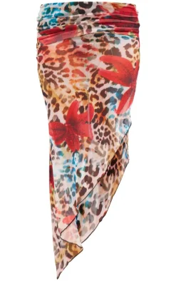 Online PrettyLittleThing Floral Print Mesh Ruffle Maxi Skirt Leopard