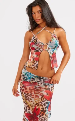 Discount PrettyLittleThing Floral Print Mesh Ruffle Hem Top Leopard