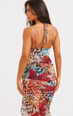 Discount PrettyLittleThing Floral Print Mesh Ruffle Hem Top Leopard