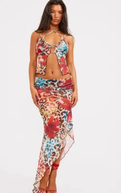 Discount PrettyLittleThing Floral Print Mesh Ruffle Hem Top Leopard