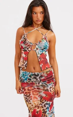 Discount PrettyLittleThing Floral Print Mesh Ruffle Hem Top Leopard