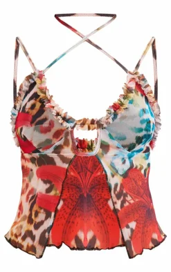 Discount PrettyLittleThing Floral Print Mesh Ruffle Hem Top Leopard