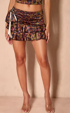 Online PrettyLittleThing Print Slinky Ruffle Mini Skirt Leopard