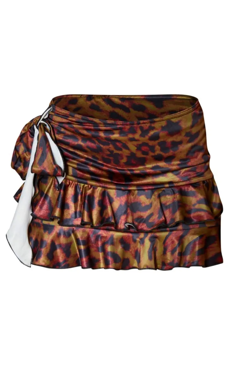 Online PrettyLittleThing Print Slinky Ruffle Mini Skirt Leopard