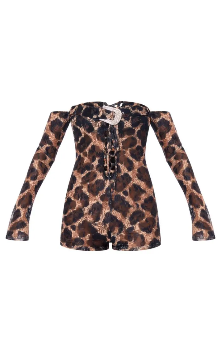 Leopard Print Belt Lace Up Long Sleeve Bardot Romper